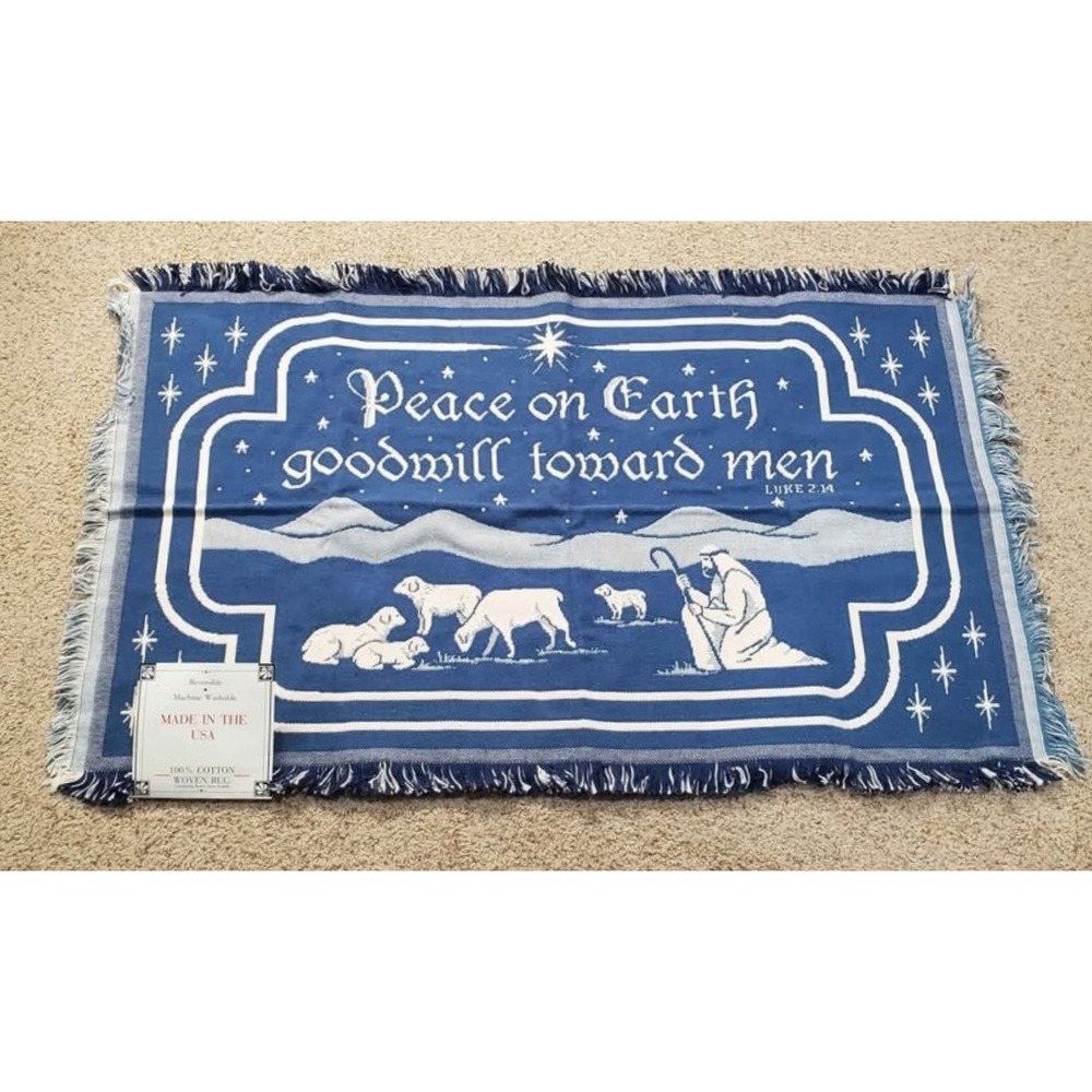 Woven Christmas Rug Nativity Cotton Reversible 29x48 All Is Calm USA Made NEW
